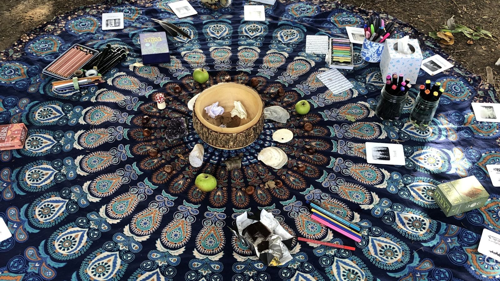 Debbie Thurlow Nature Circles Debbie thurlow nature circles image of a beautiful blue cloth with pens and nature items on